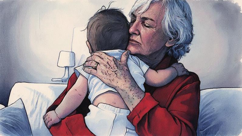 Avó e neto posam juntos, sorrindo, em um ambiente interno (Foto: Reprodução)