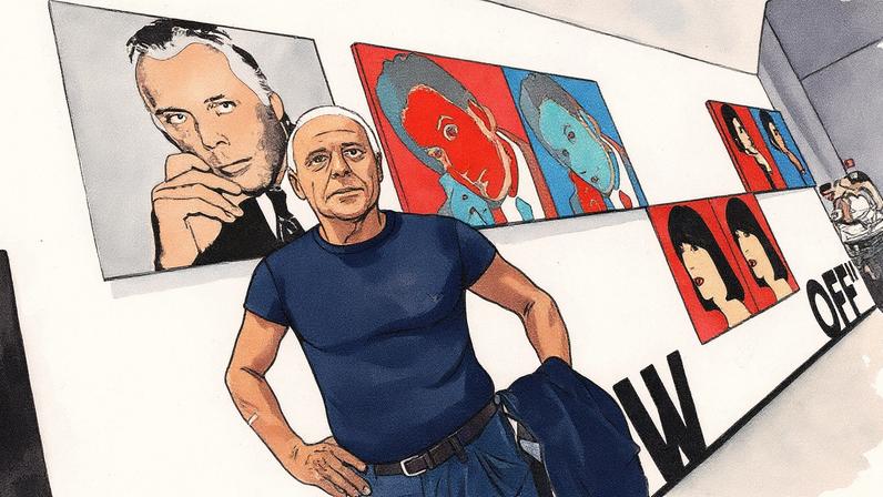 Giorgio Armani ao lado de seu retrato por Andy Warhol em Milão (Foto: Reprodução)