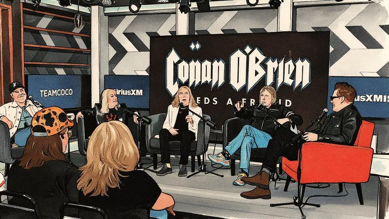 Elenco de 'Spinal Tap II' aparece em personagem no programa 'Conan O'Brien Needs a Friend' para discutir a participação de Paul McCartney (Foto: Reprodução)