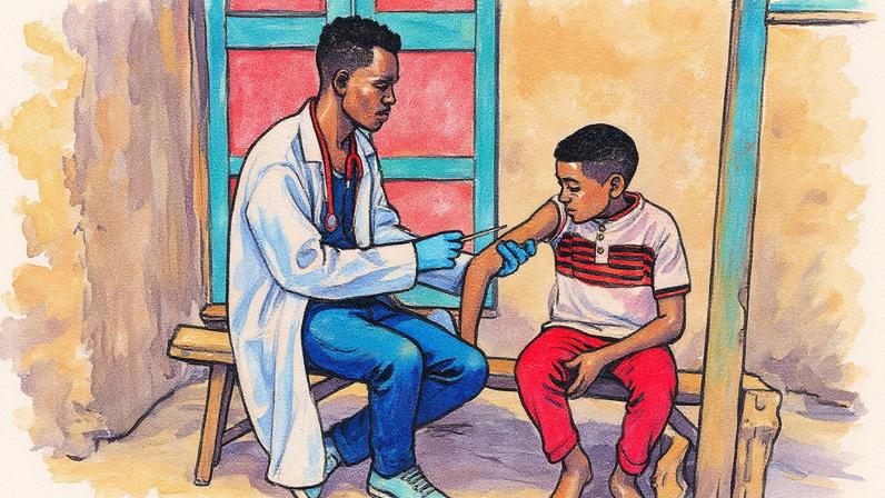 Um médico vacina uma criança em uma pequena aldeia na África Oriental (Foto: Reprodução)