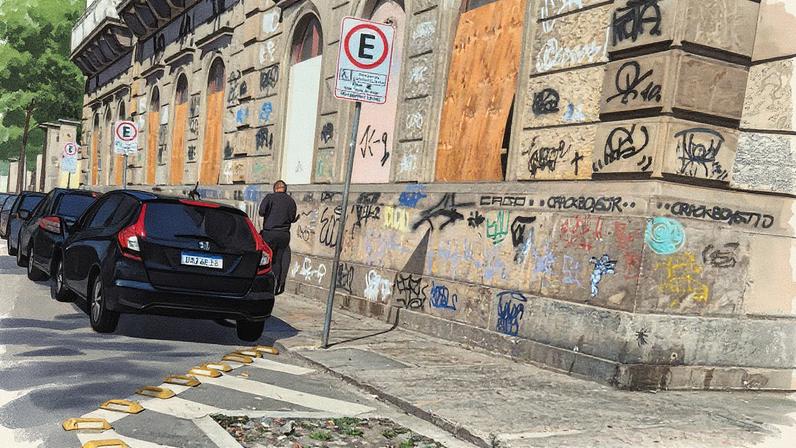 Janelas do Museu da República cobertas por tapumes, com pedras ao redor (Foto: Reprodução)