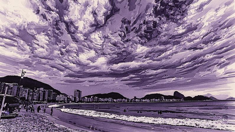 Céu escurecido na Praia de Copacabana devido à chegada de uma frente fria às 16h (Foto: Reprodução)