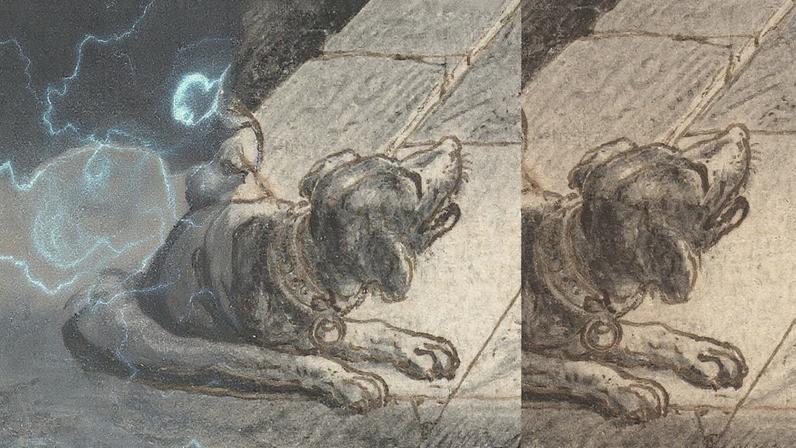 A doggy detail from Rembrandt's The Night Watch (left) and Adriaen van de Venne's illustration (right) Courtesy of the Rijksmuseum
