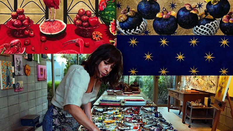 Ana Elisa Egreja apresenta suas obras 'sem título' e 'Natureza Morta com Mangostins e Estrelas Giotto', ambas criadas neste ano (Foto: Reprodução)