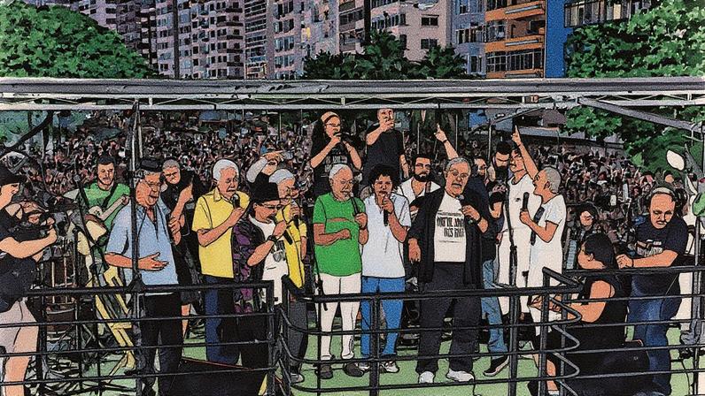 A noite caiu na Praia de Copacabana, onde pessoas permanecem na orla durante a apresentação de artistas em uma manifestação contra a anistia e a PEC da blindagem (Foto: Reprodução)