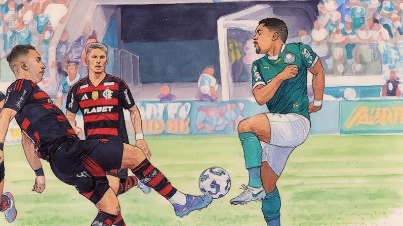 Léo Ortiz e Vitor Roque disputam a bola em partida entre Flamengo e Palmeiras pelo Brasileirão 2025 (Foto: Reprodução)