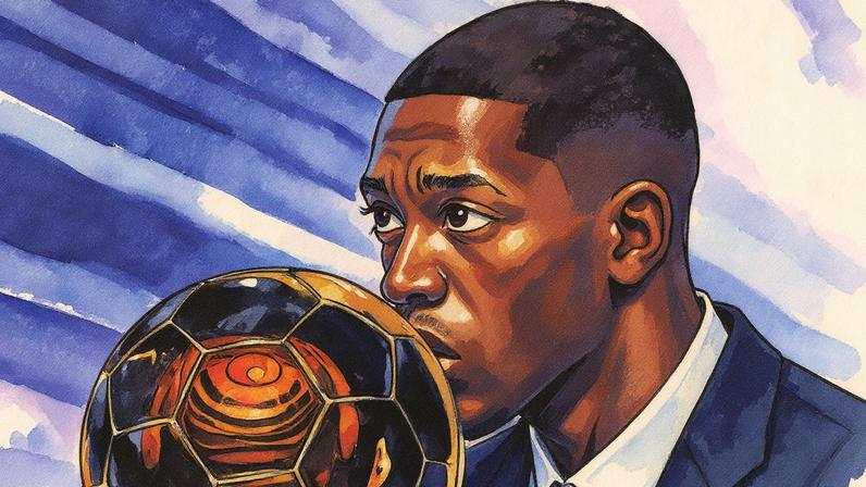 Dembelé segura a Bola de Ouro em um evento (Foto: Reprodução)