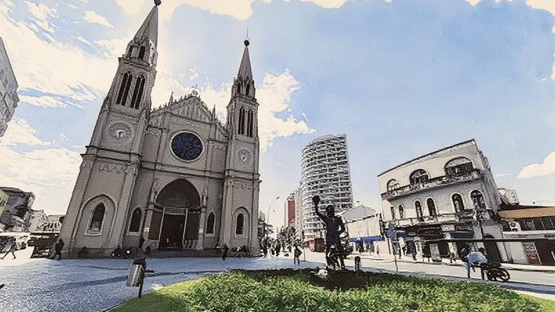 Praça Tiradentes em Curitiba, com a Catedral e a estátua do Cacique Tindiquera em destaque (Foto: Reprodução)