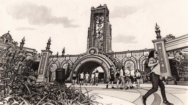 Visitantes chegam à entrada principal do Parque Temático Epic Universe no Universal Resort Orlando (Foto: Reprodução)