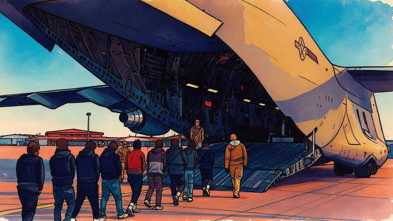 Migrantes embarcam em um voo de deportação durante a primeira semana do mandato de Donald Trump (Foto: Reprodução)