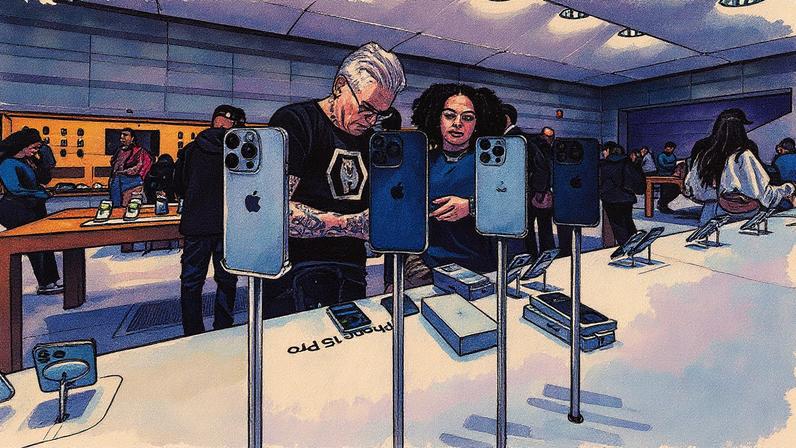 Loja da Apple em Nova York, com destaque para a exposição de um novo iPhone (Foto: Reprodução)