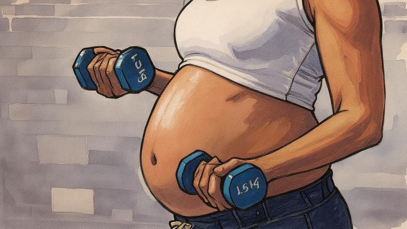 Mulher grávida faz exercício com mancuernas em casa (Foto: Reprodução)