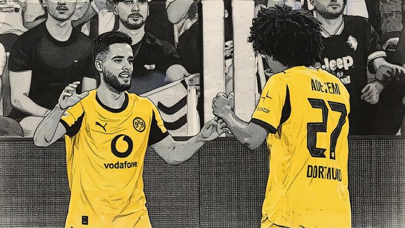 Vlahovic chuta para marcar um gol para a Juventus enquanto Yan Souto comemora um gol do Borussia Dortmund (Foto: Reprodução)