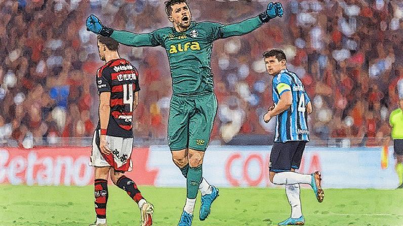 Tiago Volpi comemora após marcar um gol para o Grêmio em partida contra o Flamengo (Foto: Reprodução)