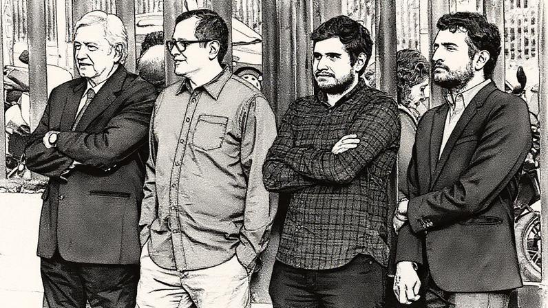 Quatro homens posam para a foto, incluindo Andrés Manuel López Obrador e seus filhos, José Ramón, Gonzalo Alfonso e Andrés Manuel López Beltrán, em 2016 (Foto: Reprodução)