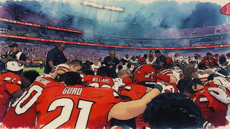 Jogadores do Nebraska e do Cincinnati oram juntos no campo (Foto: Reprodução)