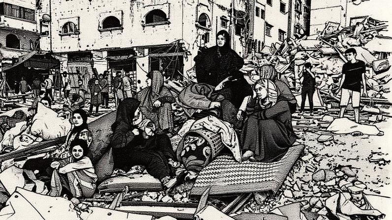 Grupo de palestinos sentados sobre escombros após ataque em campamento para refugiados (Foto: Reprodução)