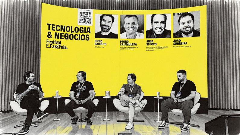 Painel “Tecnologia e Negócios” no É,Faz&Fala 2025, no Museu do Amanhã, com Diego Barreto, Guga Stocco, Pedro Chiamulera e João Sobreira (Foto: Reprodução)