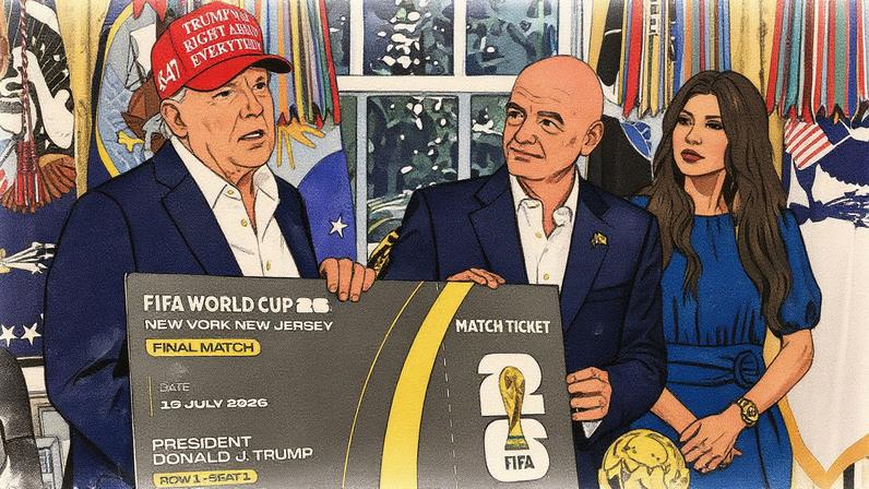 Donald Trump e Gianni Infantino seguram um ingresso simbólico para a final da Copa do Mundo de 2026 durante anúncio no Salão Oval da Casa Branca, com Kristi Noem ao fundo (Foto: Reprodução)