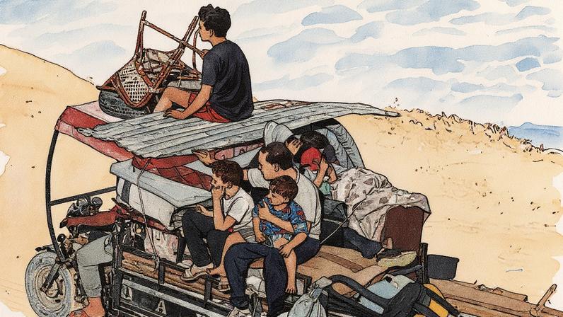 Família de palestinos foge de Cidade de Gaza com suas pertenças (Foto: Reprodução)