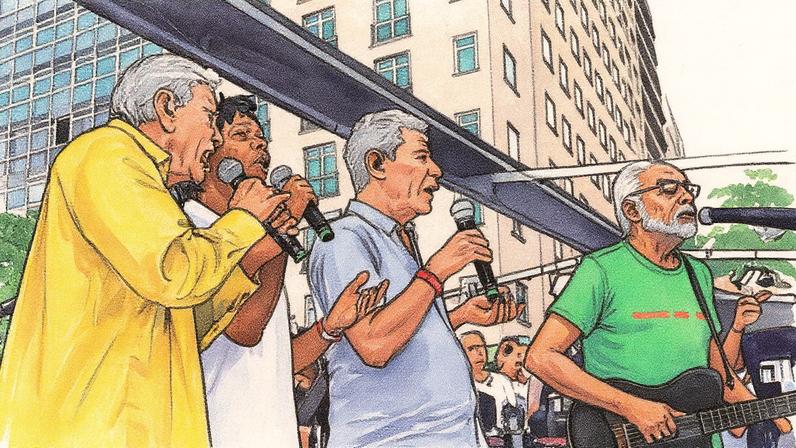 Artistas e intelectuais participam da passeata dos Cem Mil, em 1968, no Rio de Janeiro, com Chico Buarque, Caetano Veloso e Gilberto Gil na primeira fila (Foto: Reprodução)