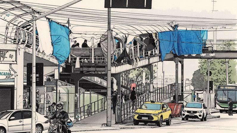 Passarela na saída do metrô de Vicente de Carvalho ocupada por camelôs, gerando desordem (Foto: Reprodução)