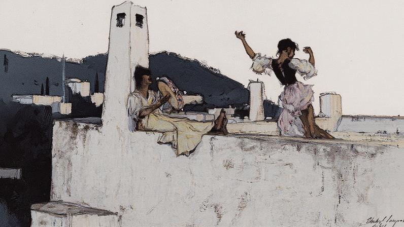 Pintura de uma paisagem costeira com rochas e vegetação, representando a ilha de Capri (Foto: Reprodução)