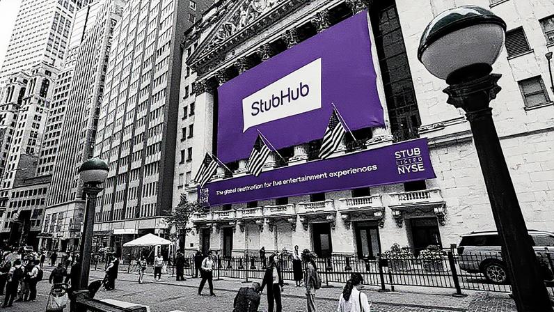 Sinalização da StubHub em exibição na Bolsa de Valores de Nova York durante o IPO da empresa em 17 de setembro de 2025 (Foto: Reprodução)