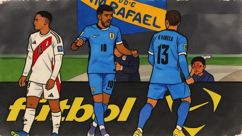 Jogadores do Uruguai comemoram gol contra o Peru durante partida de futebol (Foto: Reprodução)