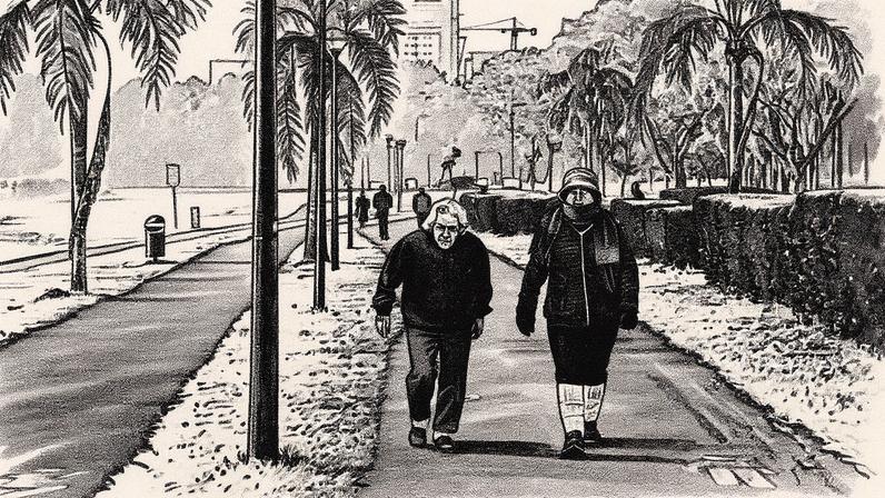 Idosos caminham em um dia frio no Parque Barigui, em Curitiba (Foto: Reprodução)