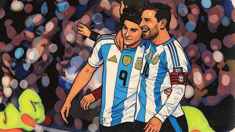 Jogadores da seleção argentina, Lionel Messi e Julian Alvarez, celebram um gol durante partida contra a Venezuela (Foto: Reprodução)