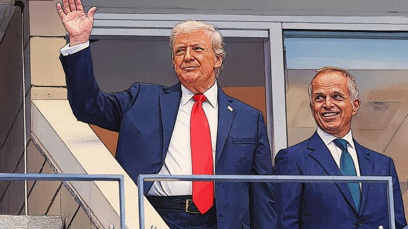 Presidente dos EUA, Donald Trump, e CEO da Rolex, Jean-Frederic Dufour, chegam à suíte da Rolex antes da final masculina entre Jannik Sinner e Carlos Alcaraz no US Open de 2025 (Foto: Reprodução)