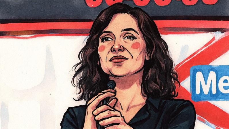 A presidenta da Comunidade de Madrid, Isabel Díaz Ayuso, apresenta um contador gigante na Puerta del Sol para a contagem regressiva do GP de Espanha de Fórmula Um (Foto: Reprodução)