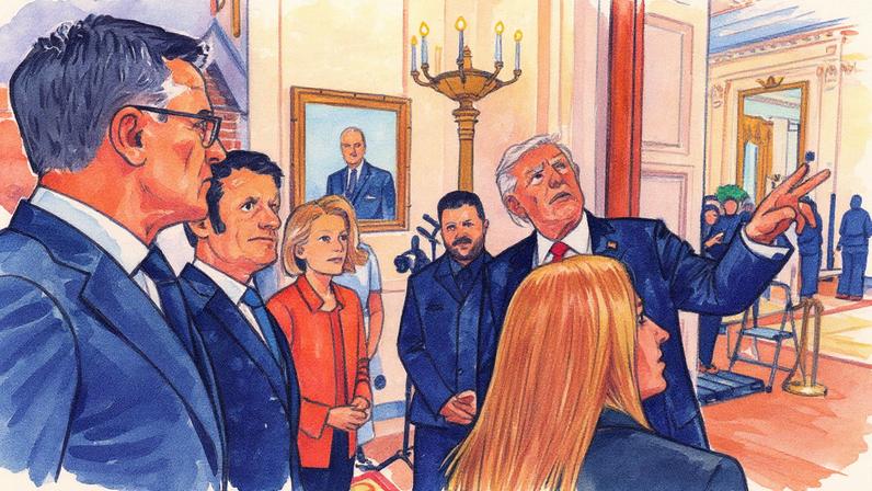 Líderes políticos Mark Rutte, Emmanuel Macron, Ursula von der Leyen, Volodímir Zelenski, Donald Trump e Giorgia Meloni posam juntos (Foto: Reprodução)