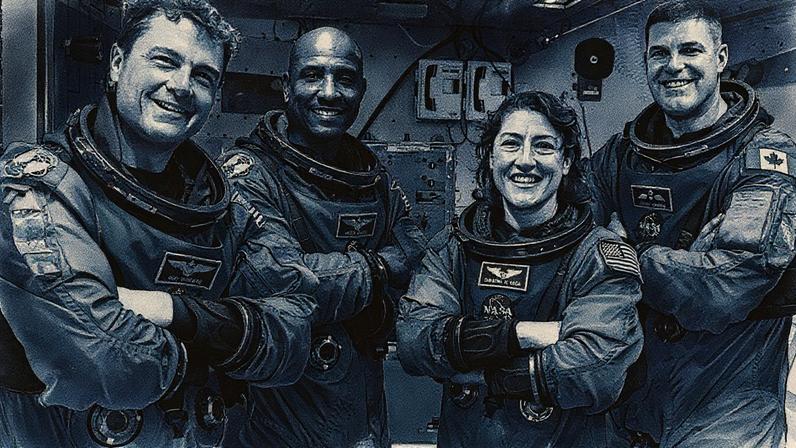 Equipe da missão Artemis II: comandante Reid Wiseman, piloto Victor Glover, especialistas em missão Christina Koch e Jeremy Hansen (Foto: Reprodução)