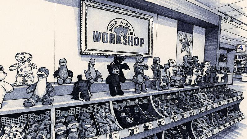 Imagem de um urso de pelúcia em uma loja da Build-A-Bear, com prateleiras cheias de outros ursos e acessórios ao fundo (Foto: Reprodução)