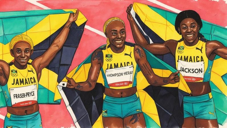 Atleta jamaicana Elaine Thompson-Herah, campeã olímpica, ao centro, com Shelly-Ann Fraser-Pryce e Sherricka Jackson, após conquistar medalhas de ouro em Tóquio 2020 (Foto: Reprodução)