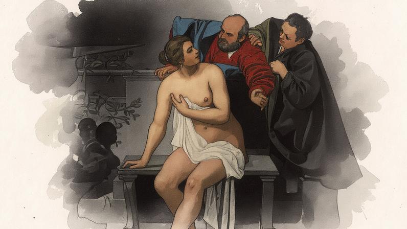 Susanna é abordada por dois anciãos em uma cena que retrata um momento de tensão. A figura de Susanna está centralizada, enquanto os anciãos a observam com expressões de desejo (Foto: Reprodução)