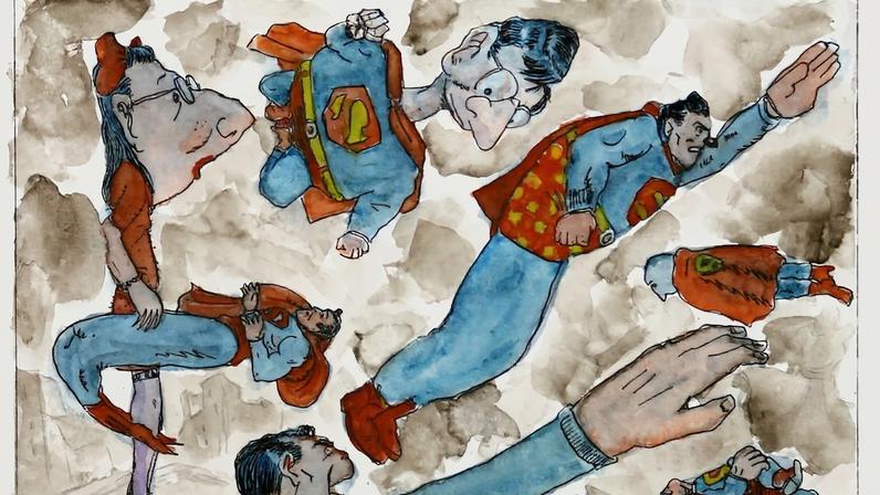 Art Spiegelman apresenta uma obra intitulada "Supermen in the Blottosphere", que explora temas contemporâneos através de ilustrações (Foto: Reprodução)