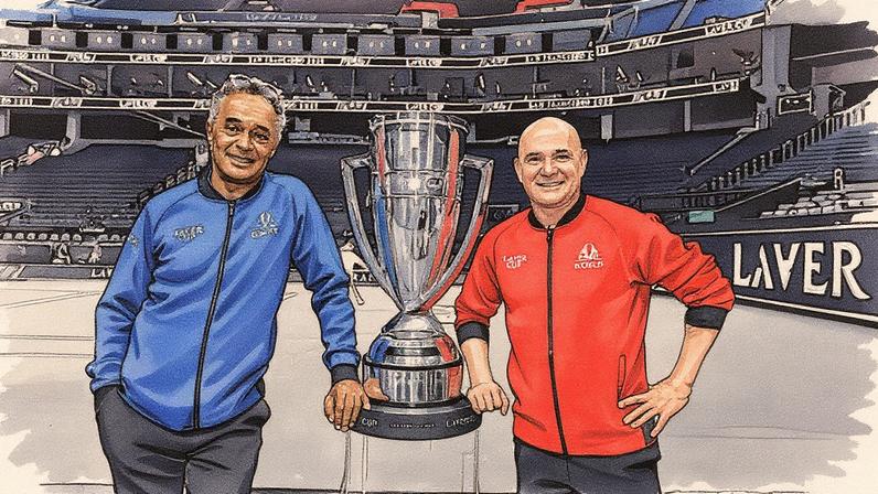 Capitães Yannick Noah e Andre Agassi posam com o troféu da Laver Cup antes do início do evento no Chase Center, em San Francisco (Foto: Reprodução)