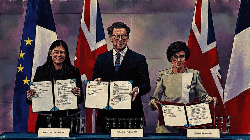 Ministra da Cultura da França e Secretário de Cultura do Reino Unido assinam acordo de intercâmbio de empréstimos entre a tapeçaria de Bayeux e os tesouros de Sutton Hoo durante cerimônia no Museu Britânico em Londres (Foto: Reprodução)