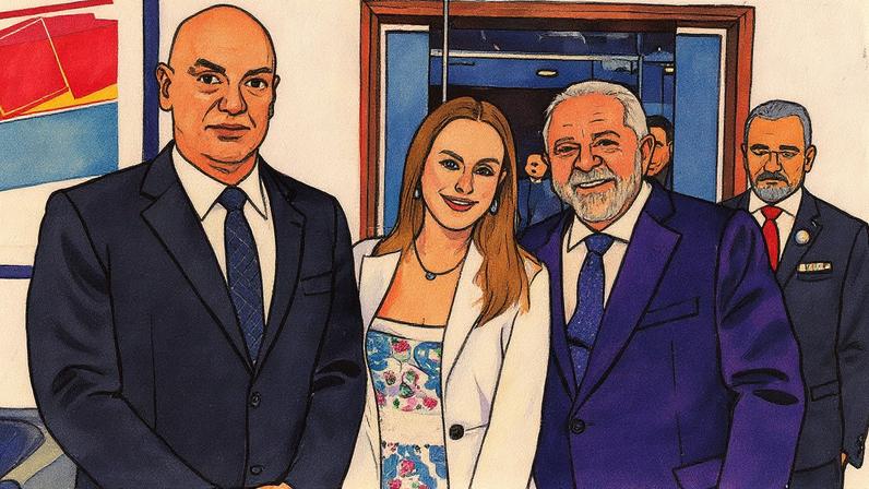 Ministro Alexandre de Moraes e sua esposa, Viviane Barci de Moraes, posam ao lado do presidente Lula no dia da posse (Foto: Reprodução)