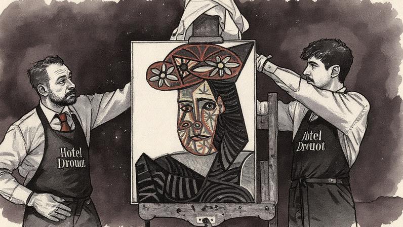 Pintura "Busto de Mulher com Chapéu Florido" de Pablo Picasso sendo revelada na casa de leilões Hotel Drouot em Paris (Foto: Reprodução)