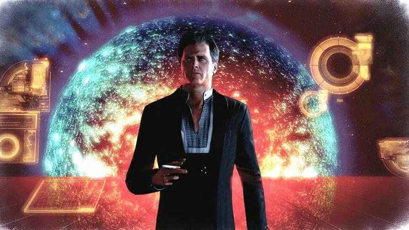 The Illusive Man holds a cigarette.