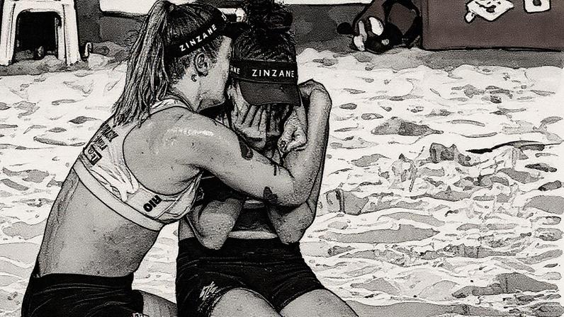 Thamela abraça Victoria após o triunfo sobre as italianas Gottardi e Orsi Toth em Copacabana (Foto: Divulgação)