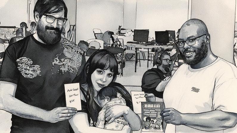 Legi0n and husband receive their Dreamhack prize while holding their baby.