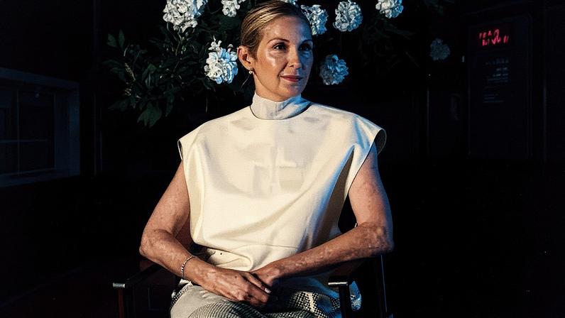 Kelly Rutherford with insets of a book, skincare and cashmere products