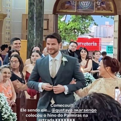 "Gustavo Marsengo entra ao som do hino do Palmeiras em casamento com Laís Caldas"