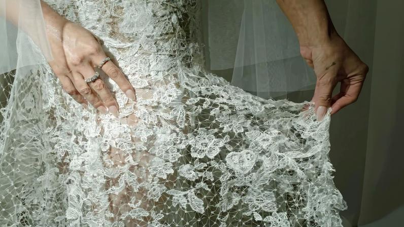 Selena Gomez revealed a hidden detail in her second wedding dress, a heart embroidered with her and Benny Blanco’s first initials, “S + B.” Photo by Samm Blake