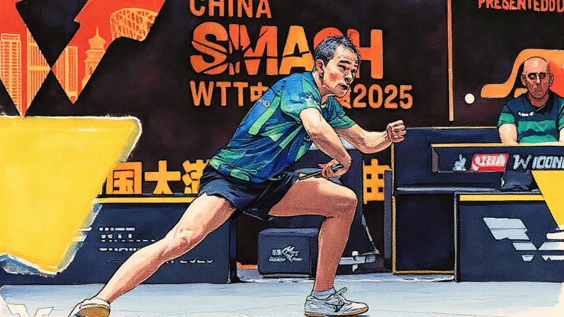 Hugo Calderano na vitória sobre o anfitrião Zhou Qihao no China Smash (Foto: Divulgação/ WTT)